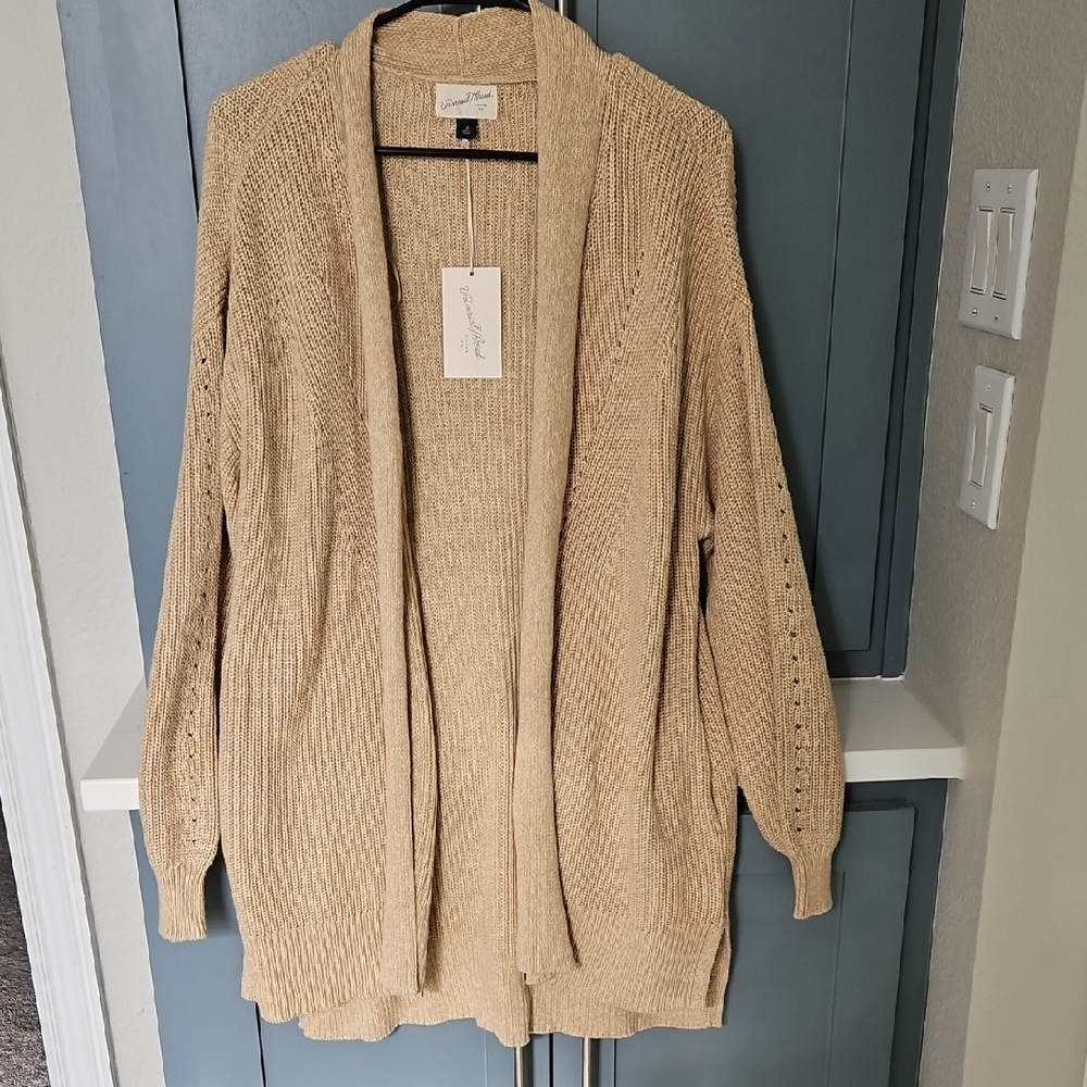 Cozy Beige Open-Front Long Cardigan With Pockets